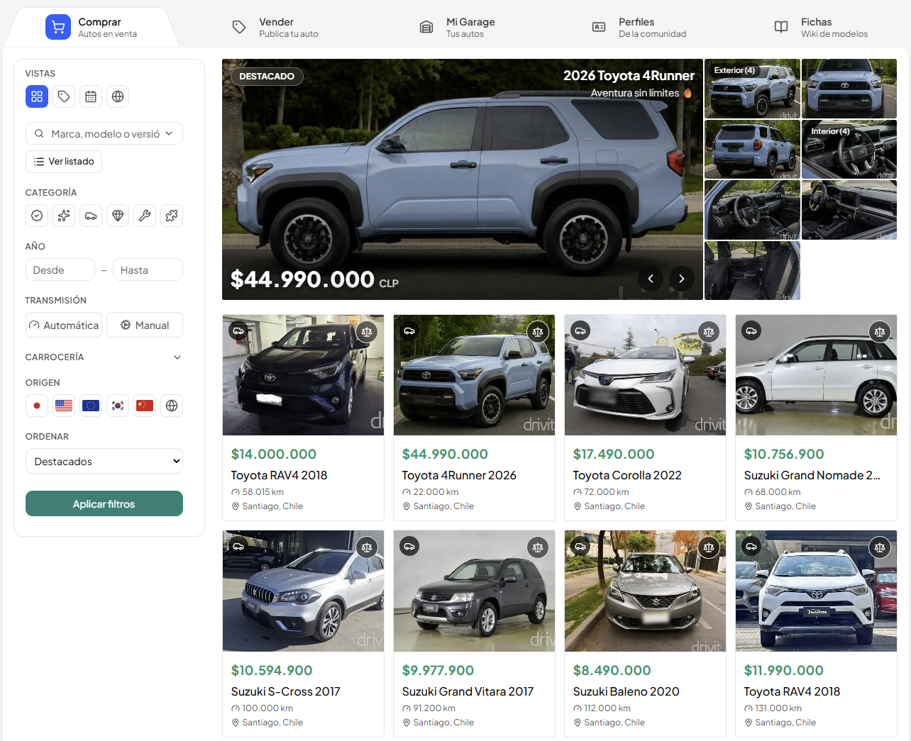 Vista de compra de autos en drivit con filtros, destacado y listado