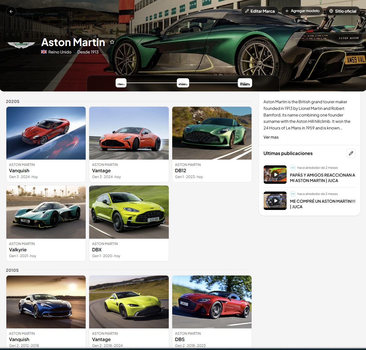Vista de ficha de marca con modelos, videos y contenido en drivit