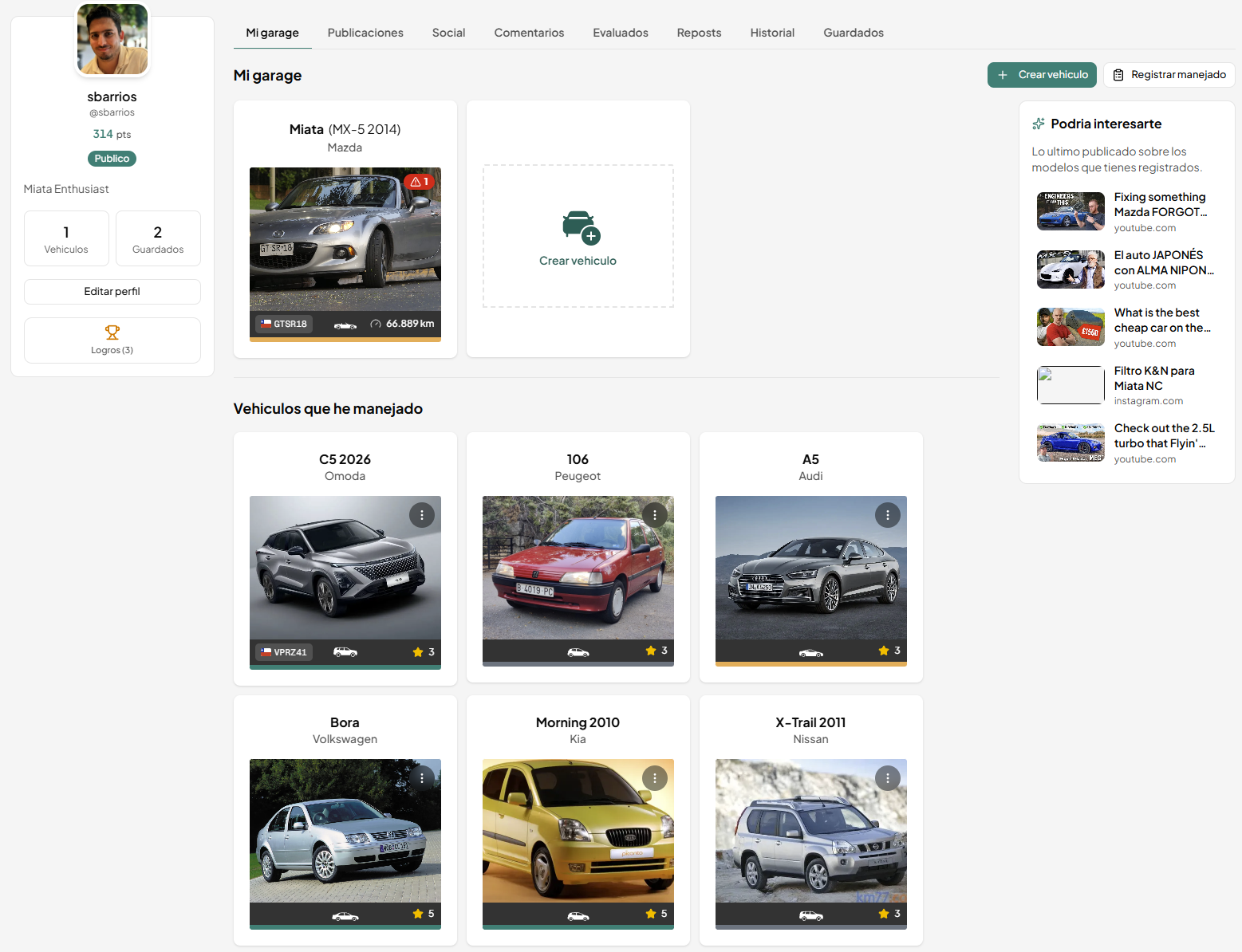 Vista de garage y vehiculos registrados en drivit